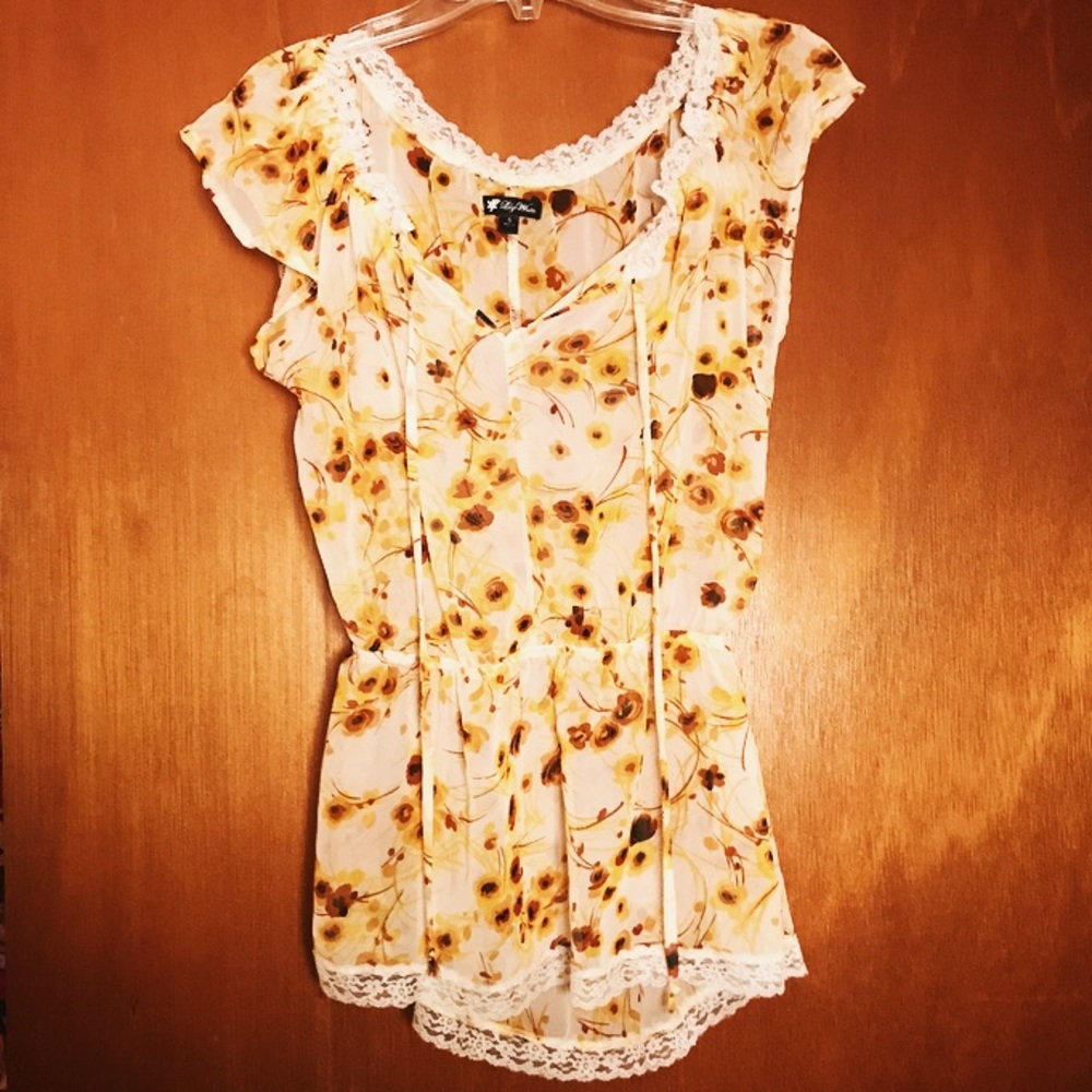 Lily White Yellow Flower Sheer Front Tie Top